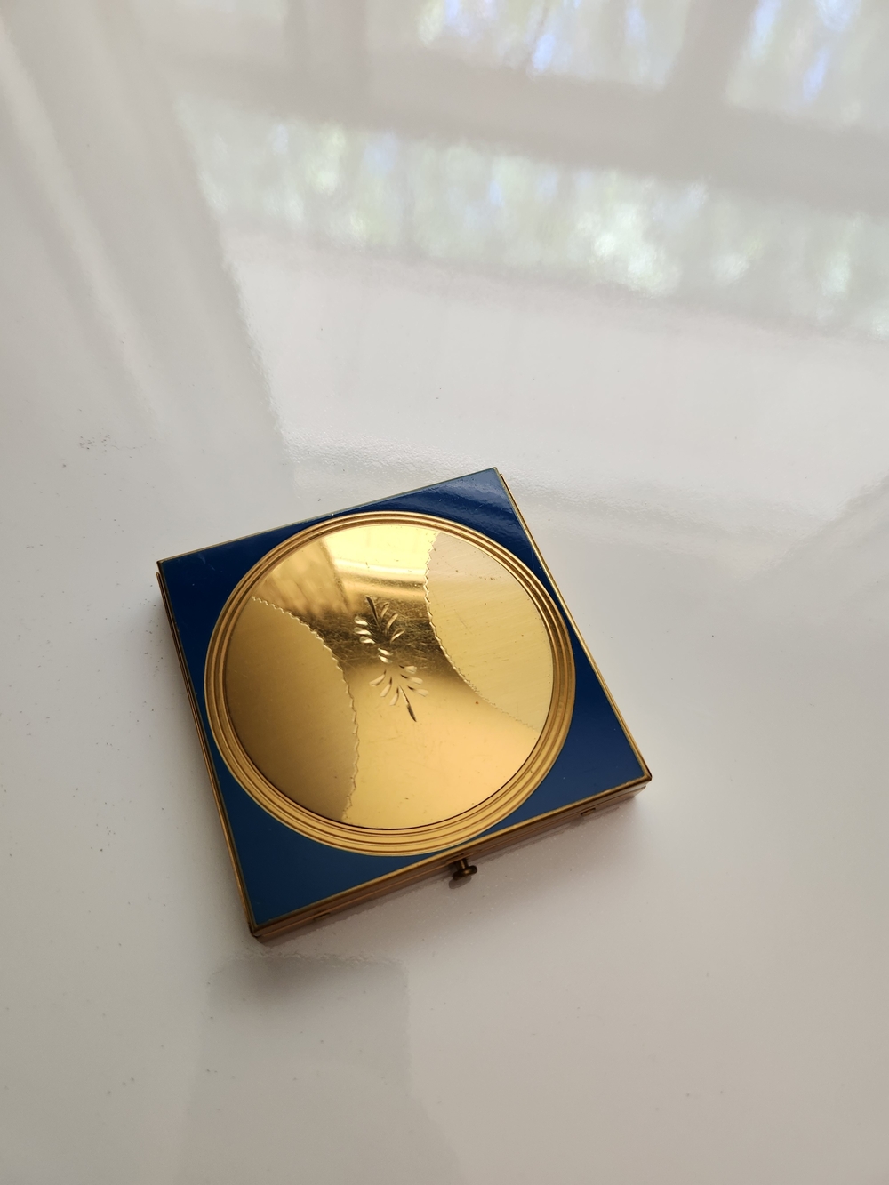 Vintage Gold square Compact Mirror Dorset Fifth Avenue gold tone and blue Makeup